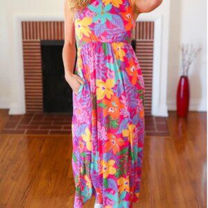 HAPTICS Diva Dreams Multicolor Tropical Floral Fit & Flare Maxi Dress SIZE SMALL